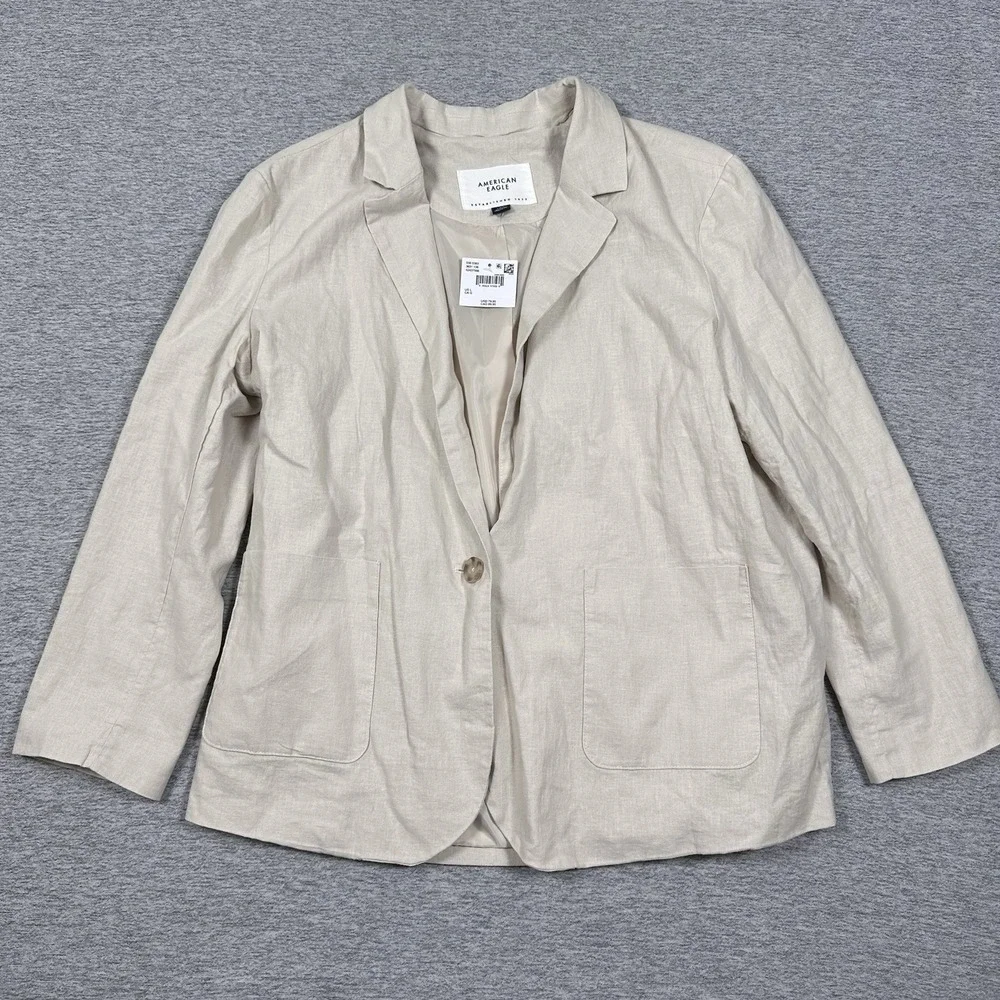 American Eagle Blazer Jacket Womens Large Beige Oversized Linen Blend NEW